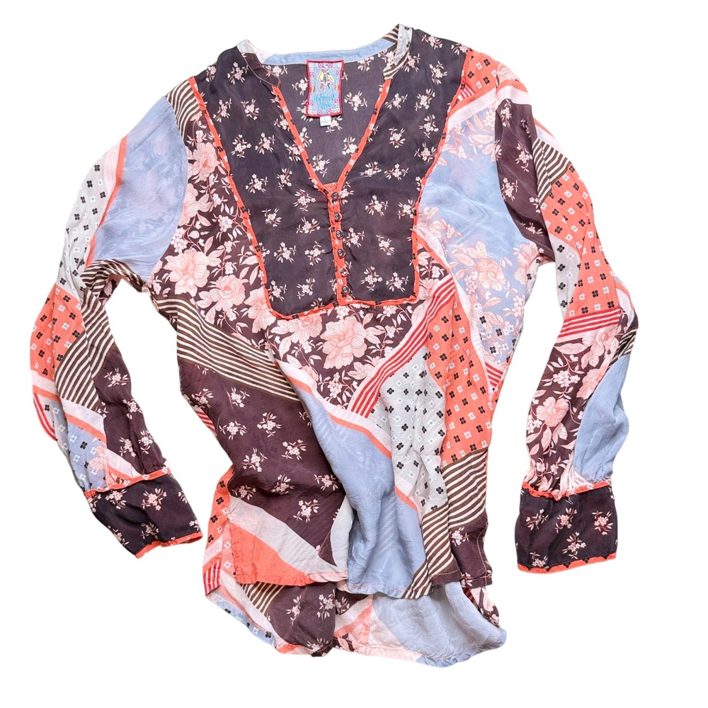Johnny Was Blouse Womens L brown Fall Floral Patchwork Boho Top Cottagecore
